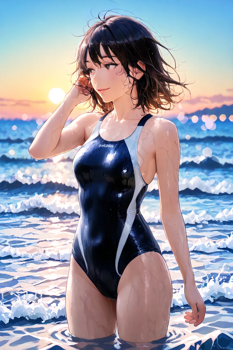 very cute and beautiful girl,(highly detailed beautiful face and eyes),(blue school swimsuit), sweat,wet,waterdrop, standing,beautiful legs,arms behind back,(pool side),summer,countryside,grassland, (smile),happy,looking at viewer,black hair,cowboy shot, (best quality,masterpiece),absurdres,highres,ultra-detailed,extremely detailed,32k, cinematic scene,detailed background,solo,dynamic angle, hair fluttering in the wind,beautiful detailed sky,