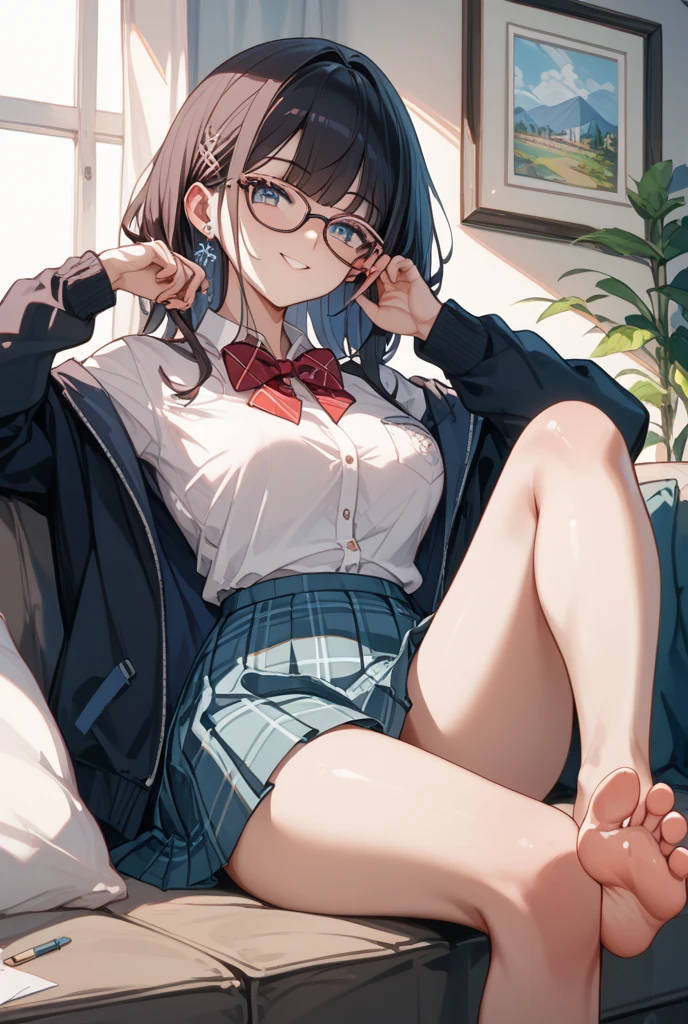 masterpiece,highest quality,wonderful,finely,High resolution,1 girl, big breasts,(loose socks:1.3), black hair, glasses, green eyes,twin tails,full body