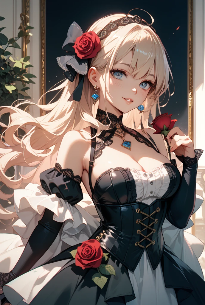 (8k、RAW Photography、High sensitivity、top-quality、masterpiece、超A high resolution、Photorealsitic:1.25)、Overflowing breasts、teats、Cityscape、profetional lighting、photon maping、Radio City、Yorbrier、1girl、back lighting、bare shoulders、Black dress、black gloves、Black long hair、large full breasts、Keep your mouth shut、cowboy shot、Leather Dresses、earrings、deadpan、Fingerless gloves、Floating hair、with floral pattern、florals、gloves、Gold earrings、Gold Hair Band、 flower in hair、hair adornments、shairband、ngel、arma、jewely、large full breasts、light particules、length hair、Look at viewers、Off shoulder dress、off shoulders、flower petals、red eyes、roses、rose petals、Rose print、short hair with long locks、side locks、solo、spikes、thighs thighs thighs thighs、two-sided dress、two-sided fabric、arma、massive hips、