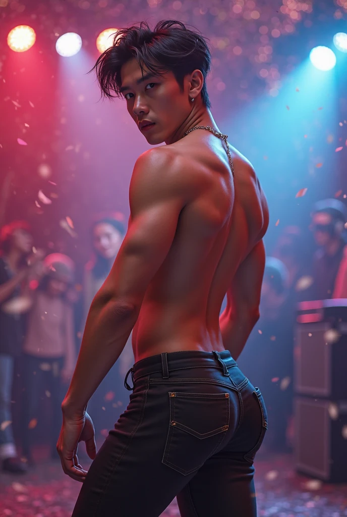 super muscular cute korean model men ((wearing red glitter thong)) in ((midle party with many glitter balloons)) (professional 3d render:1.3) af (Realistic:1.3) most beautiful artwork photo in the world,Features soft and shiny male heroes, ((Fantastic location, Majestic cluttered environment)), full body 8k unity render, action shot, skin pore, very dark lighting, heavyshading, Detailed, Detailed face, (vibrant, photograph realistic, Realistic, Dramatic, Dark, Sharp focus, 8K), (Old leather garments damaged by weathering:1.4), ((((Wear fur)))), (Intricate:1.4), decadent, (Highly detailed:1.4), Digital painting, rendering by octane, art stations, concept-art, smooth, Sharp focus, illustration, Art germ, (loish:0.23), wlop ilya kuvshinov, and greg rutkowski and alphonse mucha gracias, (Global illumination, Studio light, volumettic light), heavy rain, particles floating, lotr, fantasy, elf, full bodyesbian, ((Dark and ancient city background:1.3)),CGSesociety,art stations