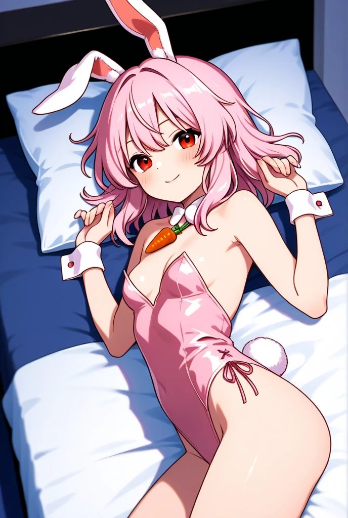 Anime girl, with small , pink and short haired, not wearing clothes, with bunny ears, visible boobspussy with
