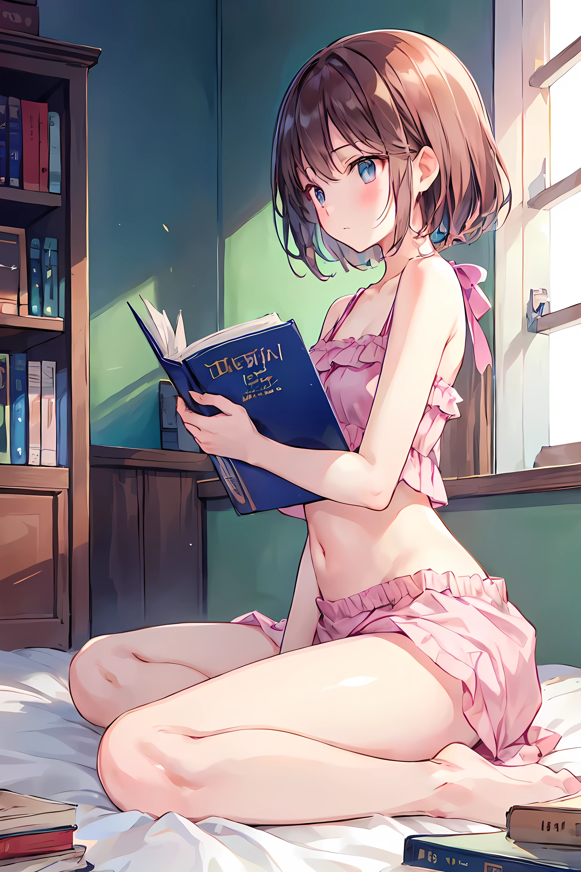 debris flies, highest quality, Highly detailed CG Unity 8K wallpaper, sexy witch , short hair、Dark blonde wavy hair、off shoulder knit, dark blue pleated skirt, stockings、medium breasts, saggy breasts, Pose that emphasizes the chest, blush, shy smile, bare shoulders, (((、open your legs wide、please open your knees、Hold the magic wand between your breasts))）、、nice magic book、church bed、lying in bed、stick out your butt、pink panties、pink good