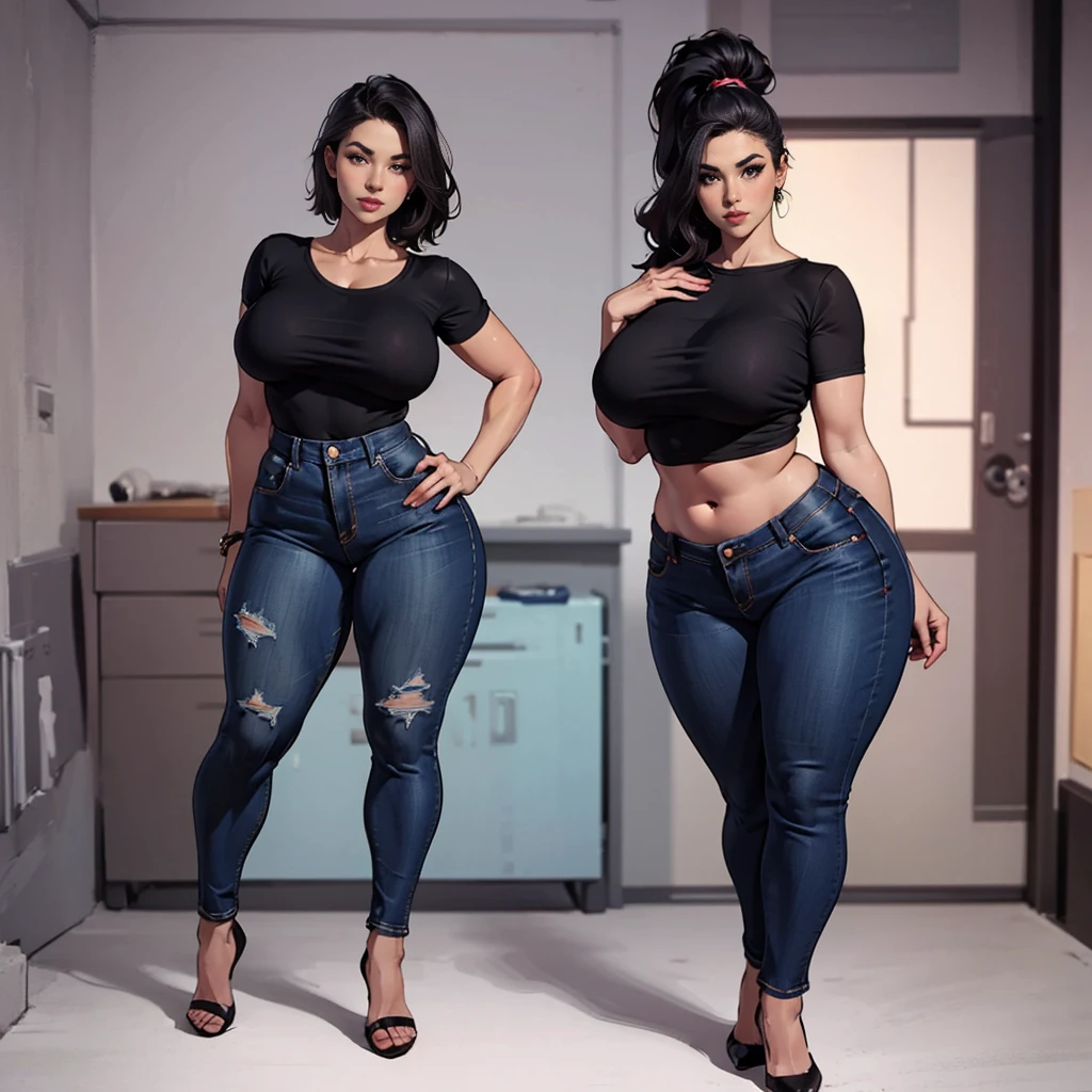 huge ,Tunisian,brune, extra curvy, giantess,tall, woman ,brown hair with blonde strands, Non-unified complexions, 50 years old ,thick ass ,massive thighs ,huge butt ,enormous massive legs ,large wide hips ,big breast ,a tight jeans ,covering t shirt .