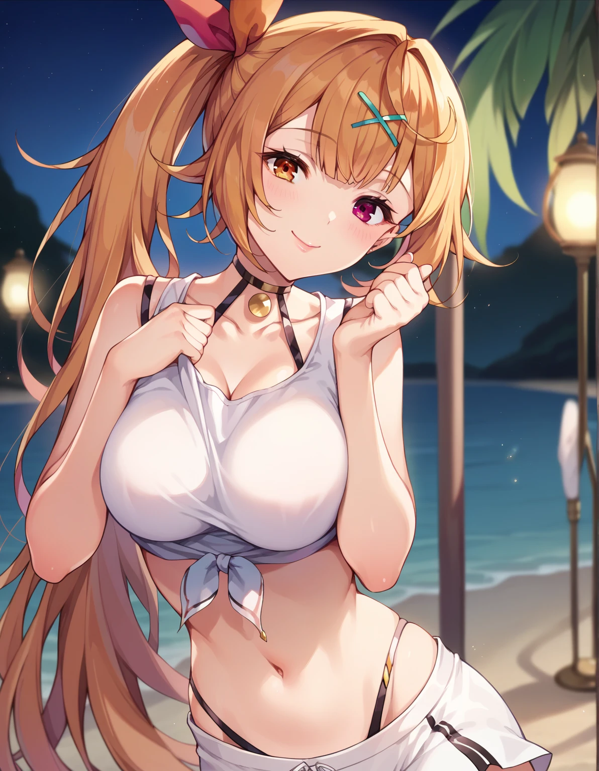 1 girls, (detailed light red eyes, lange wimpern, detailed beautiful face:1.2), 4k quality, (Long blonde hair:1.5), (arms behind back:1.3), (big breasts:1.6), (blushing:1.3), long hair, twintails, Seiten nach oben haare, zwei Strähnen vorne in Haaren, (black and White Dolphin shorts, white bikini, 18 years old:1.6), (bondage:1.3), shibari over clothes, pralle Brüste, OTN, White Gag, gagged, (laying:1.7), (laying in the sand on a beach near the water:1.6)