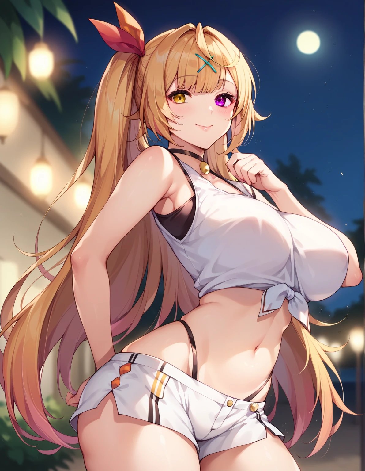 1girl, blonde hair, ponytail, wolf ears, tan skin, tan, highleg panties, panties, micro panties, cameltoe, sports bra, black sports bra, ((mall)), mall, ((shopping)), shopping, bare legs, no pants, yellow eyes, huge breasts, thick thighs, wide hips, smile, happy, shopping bag, from below, ((from below))