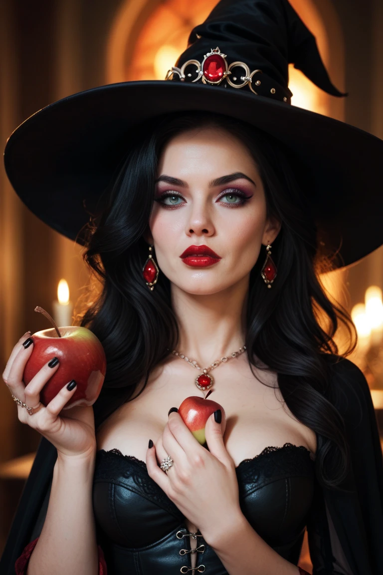 score_9, score_8_up, score_7_up, score_6_up, score_5_up, score_4_up, realistic style, photo, photorealistic, high detail, (sharp), BRAKE, Girl, Black long hair,Black Queen, big breast, cleavage,accessories,Apple in hand,Poison apples,Witch Queen,Red lipstick