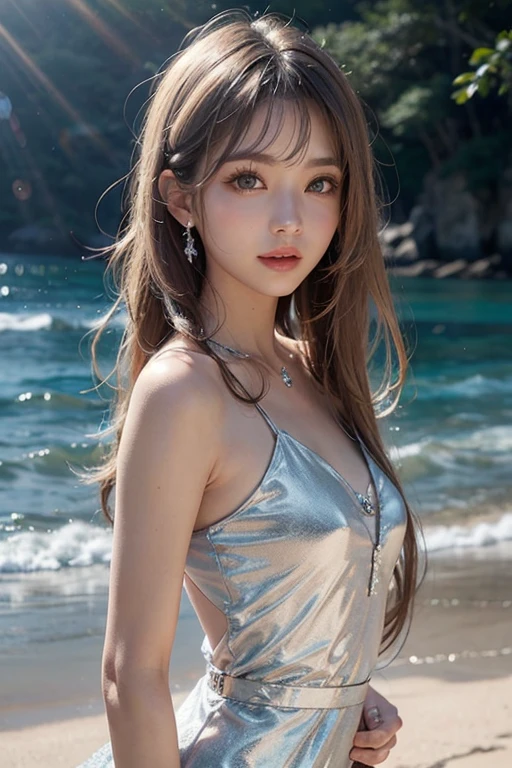 Masterpiece, 4K, bokeh, Photorealistic, high school girl sitting on the beach, (Japanese idle:1.6), Lightbrown long hair, Light brown eyes, Plump breast, Looking at the viewer, Blushed face, Close up, (Silver metallic dress), (Gemstones decoration:1.2, Colorful Gemstones:1.2), (Dress embellished, Sequins), sunset seashore, Beautiful sky and clouds,