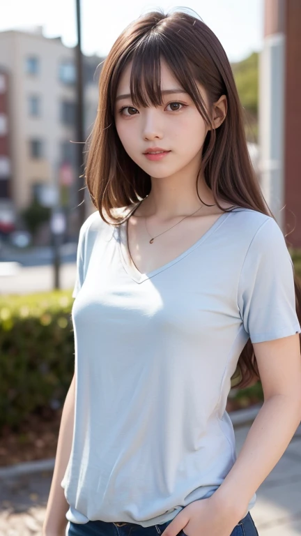 (masterpiece:1.3, highest quality, Ultra-high resolution, Super detailed), (Realistic:1.1, photoRealistic:1.4), Beautiful illustrations, Perfect lighting, colorful, Depth of written boundary, Beautiful detailed hair, Beautifully detailed face, Beautiful fine details, Beautiful clavicle, Beautiful body, Beautiful breasts, Beautiful thighs, Beautiful feet, Beautiful fingers, View your viewers, 1 girl, Japanese, high school girl, Perfect Face, (Perfect Anatomy, Anatomically correct), Cute and symmetrical face, Baby Face, Sunburn, Shiny skin, (Middle Hair:1.5, Twin tails:1.2, Blonde), Asymmetrical bangs, blue eyes, Long Eyelashes, (Medium chest), thin, ((Collared short-sleeved shirt, Light blue shirt, , Grey plaid pleated skirt, Navy them)), No panties, (Beautiful views), evening, (Outdoor, distant cityscape), Are standing, (peace sign), (Cute smile, Cheek blush、Upward glance, Open your mouth), (Opening a girl's pussy:1.3), Occasionally crouches:1.2,Stick your finger in pussy:1.1,((Beautiful girl holding a puppy)),((Very small, young face and chest)),(Cleavage:1),(very small and flat chest:1.4),