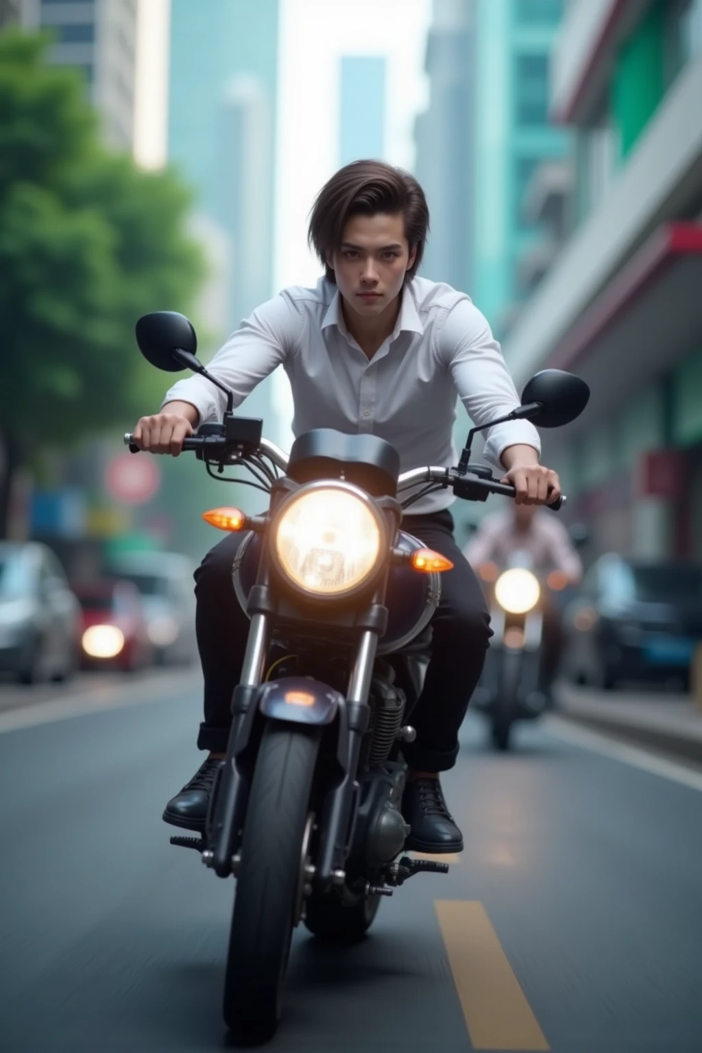 High quality, accurate realistic photography, Colorful downtown road background, Realistic live-action rendering like a photo of a young man driving a motorcycle, in a white shirt and black pants, Intense speed and chase action, Sharp fine detail, HDR,Masterpiece,사진 같은 사실감 넘치는 실사 렌더링,Professional lighting and color,Dramatic tension and dynamism