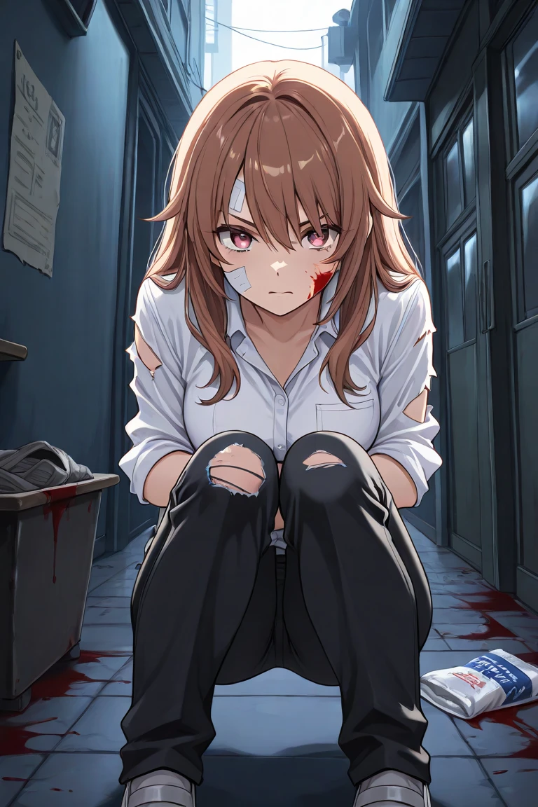 Living room Background, bloody, gore, school blazer, school uniform, surgical apron, medical gloves, surgical mask, 1girl, brown hair, shining hair,