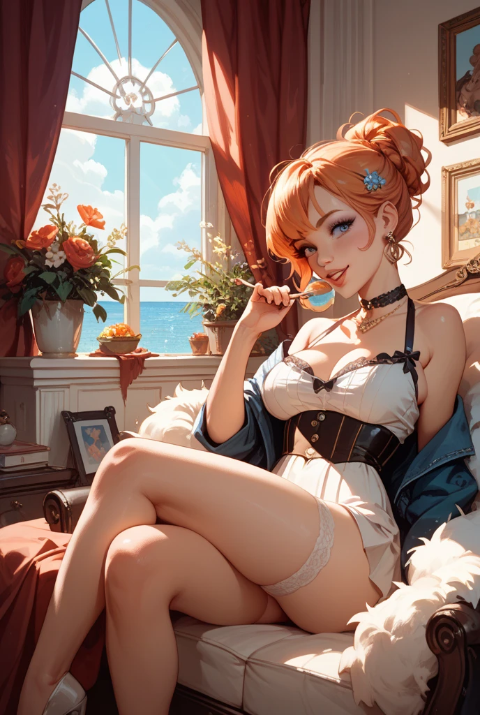 masterpiece, best quality, best illustration, HDR, beautiful details, intricate details, detailed scenery, dramatic light, best shadow, (medium body shot), (1girl), anna of arendelle, red hair, blue eyes, braid, sitted, thighs, ((intricate lace lingerie)), (detailed beautiful eyes)