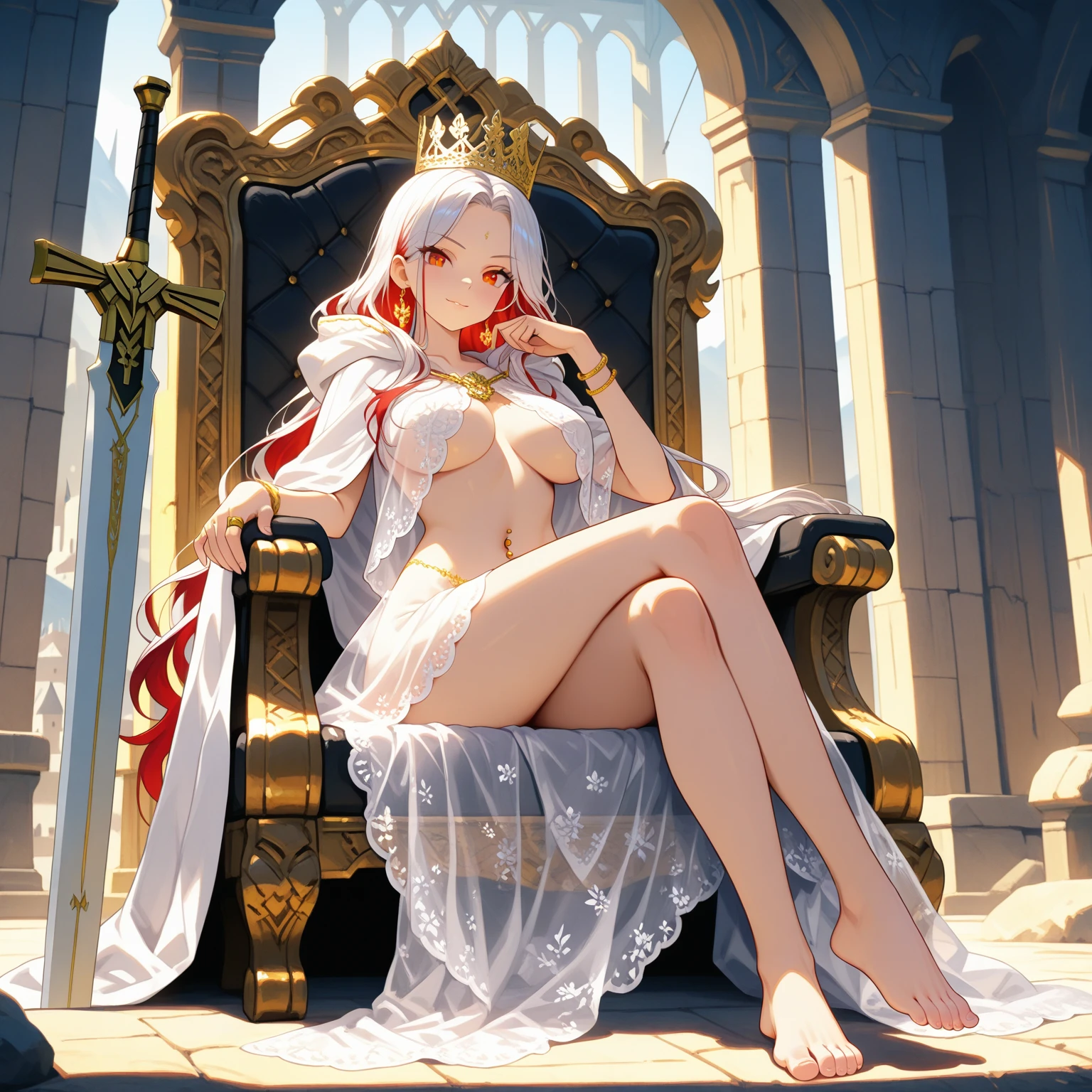 hight resolution, top-quality, ultra-quality, The ultra-detailliert, lighting like a movie、Sit on a majestic throne、Princess spreading her legs、open one's legs、anguished expression、white panties、full of sweat、Wearing sweat、