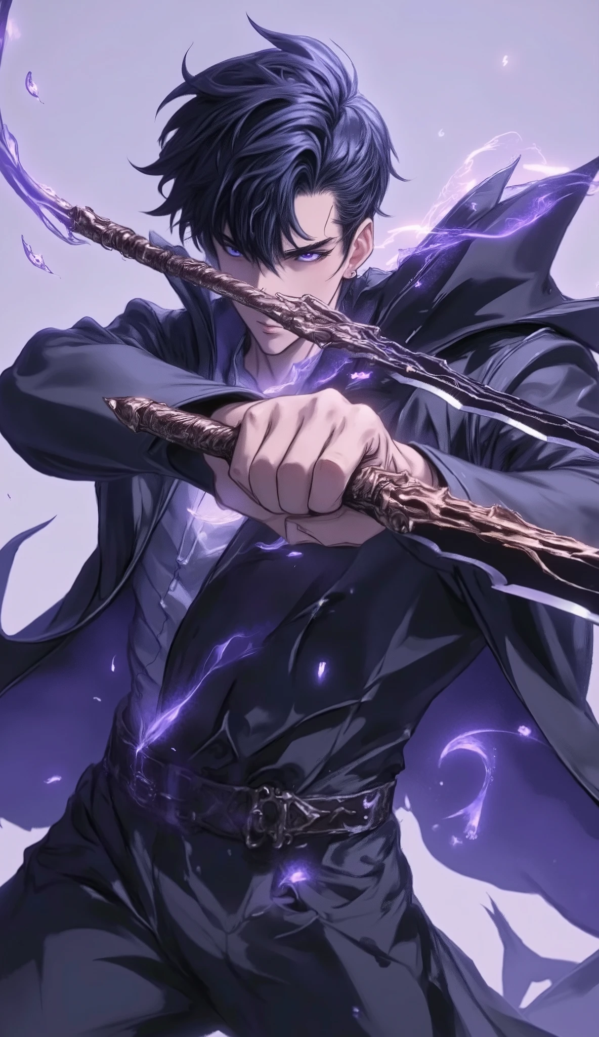 #Sung Jin-Woo, High Level, black hair, purple aura surrounding the character, holding 2 daggers, epic pose