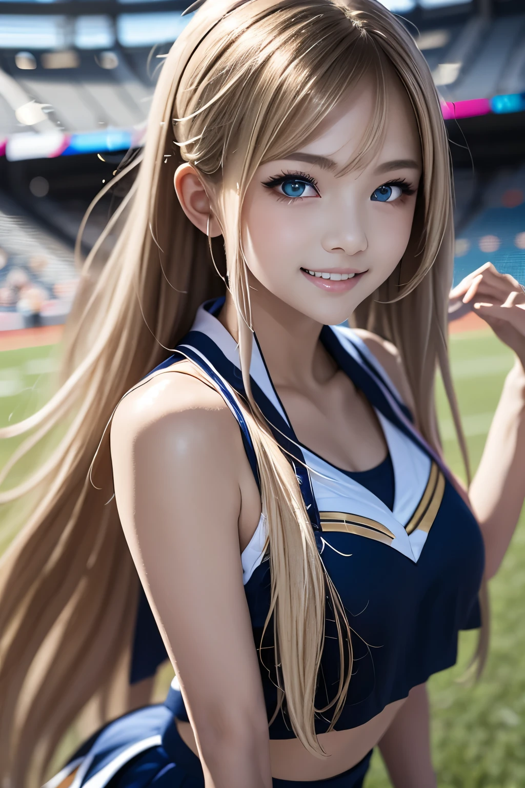 Cute Cheergirl、Sexy Big 、A cute 15-year-old girl with a sexy and cute look, beautiful and sexy face、A strong wind blows my hair in front of my face、With straight blonde hair、beautiful, Cute and sexy eyes hidden behind long bangs、Sexy Cheerleader