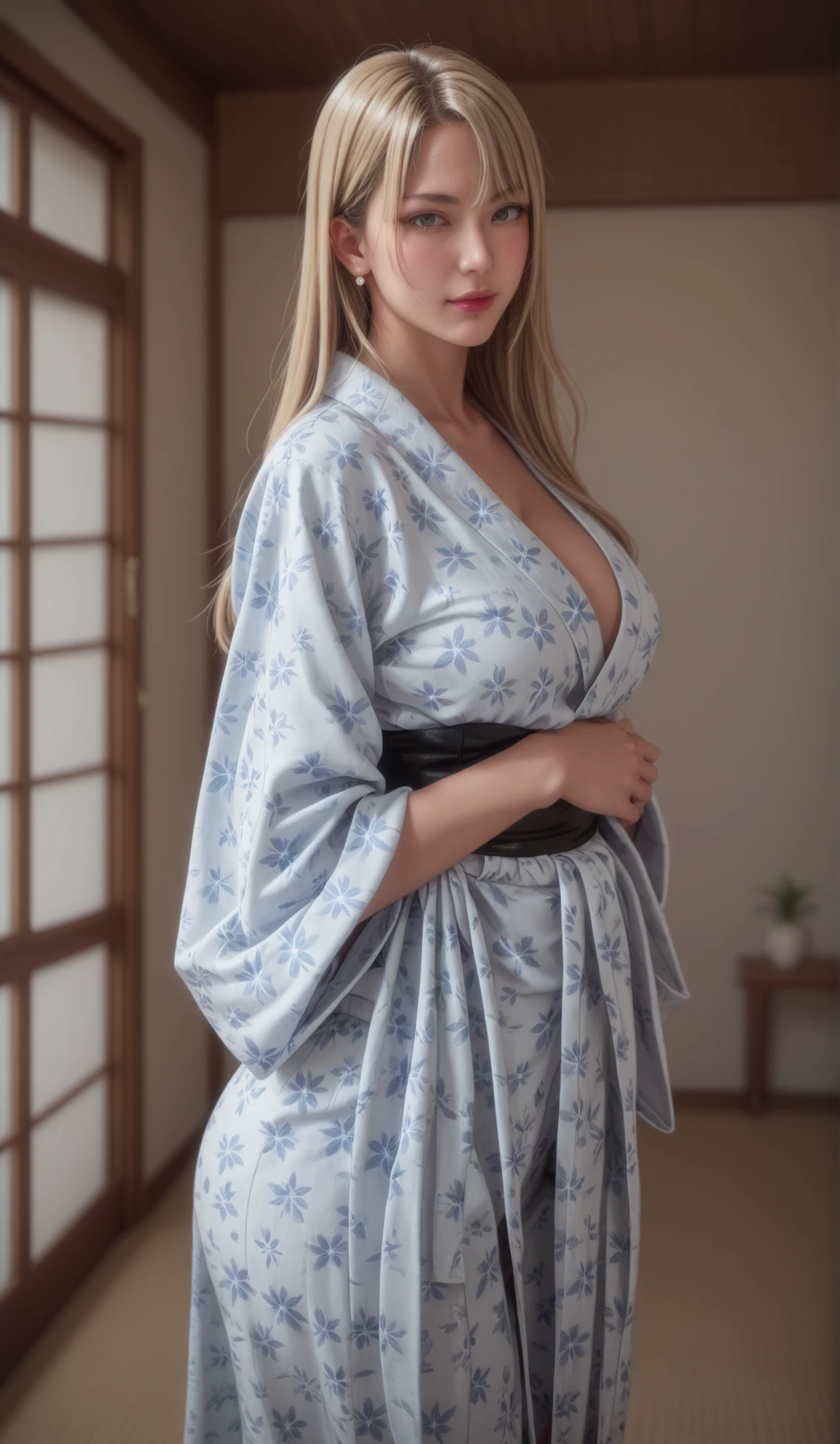 Ultra realistic 8K CG, Picture-perfect face, , masterpiece, Professional artwork, famous art work, Perfect face, Beautiful face, Beautiful eyes, Solo,(Immersive atmosphere, Bright light:1.2,Luminous lighting) ,(blush:0.5),smiling expression,Extremely detailed_Eyes,long legs, 40 year old american  woman, beautifullydetailedbackground,depth of fields,Realistic:1.3, longshot, (((Random Color Printed cotton Kimono))), Sitting, Beautiful face, Beautiful dress, Full body, (ambient lights:1.3),(Cinematic composition:1.3),(Neon light:0.1),Accent Lighting, Highly detailed, Hyper realistic,(((cleavage))),((slim waist))