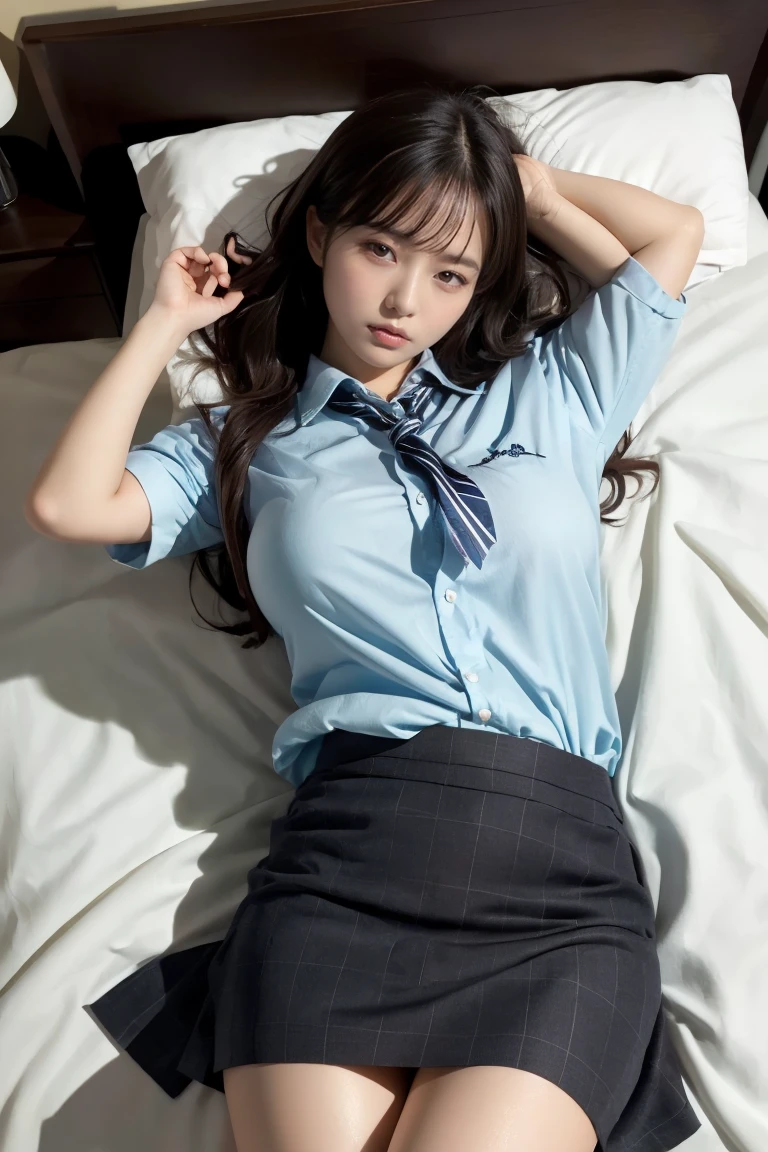 (((On the bed at the love hotel:1.35)))、(((sleep:1.35)))、(((Spread your legs wide:1.35)))、(((mini skirt:1.35)))、Japanese girl、age Girls、Perfect figure、Transparency、Huge uniform、Navy blue tie、Navy Blue Skirt、Pink Shirt、Gravure idol pose、Shiny thighs