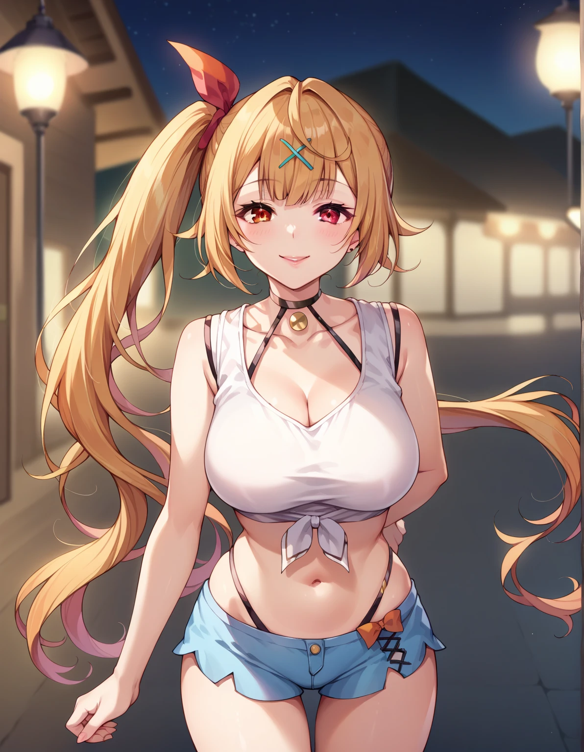 (masterpiece, best quality), 1girl, solo, face, detailed lips, looking at viewer, light blush, light smile, pendant, ear piercing, long eyelashes, blonde hair, long wavy hair, high ponytail, asymmetrical bangs, light brown eyes, pale skin, outdoors, forest trail, sunlight, blue scrunchie, strapless colorful summer dress , medium breasts, sexually suggestive, haruhi suzumiya, colorful render, vivid colors.

