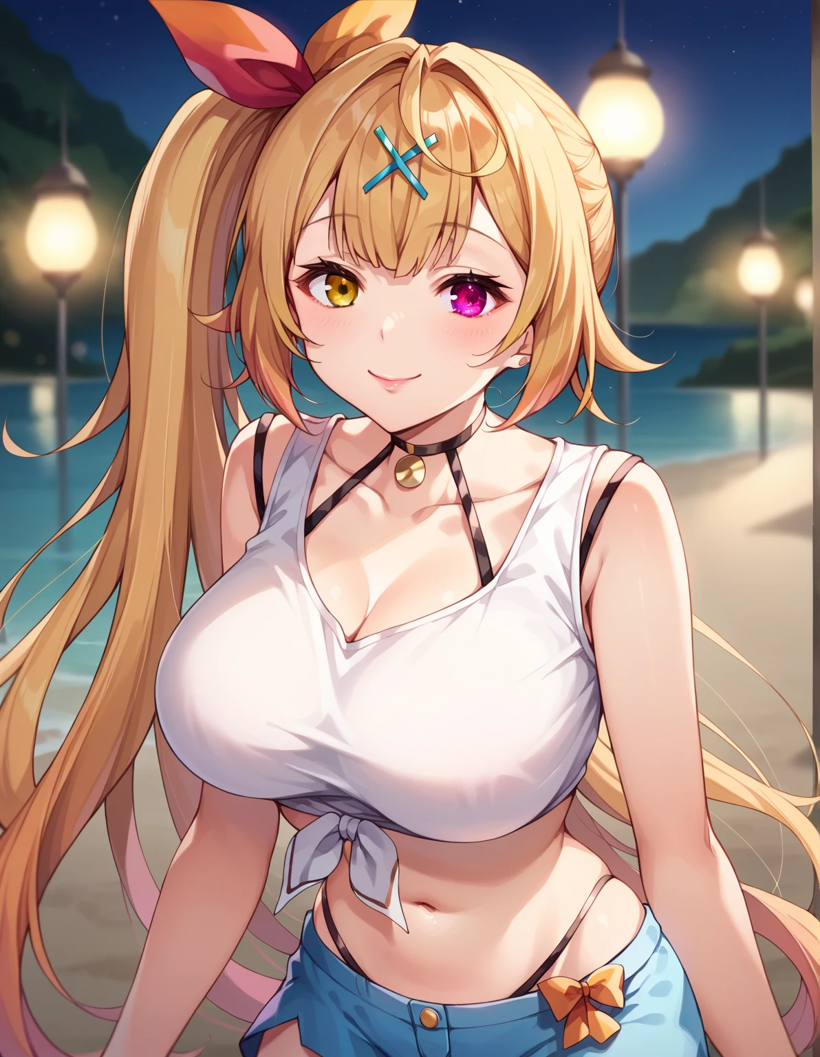 (masterpiece),(best quality),(ultra-detailed),(best illustration),(best shadow),(absurdres),(detailed background),(very aesthetic), luca ikaruga, 1girl, blonde hair, solo, multicolored hair,lightgreen metallic verymicrobikini,coverdnipple, yellow eyes, looking at viewer, black hair, night city background 
