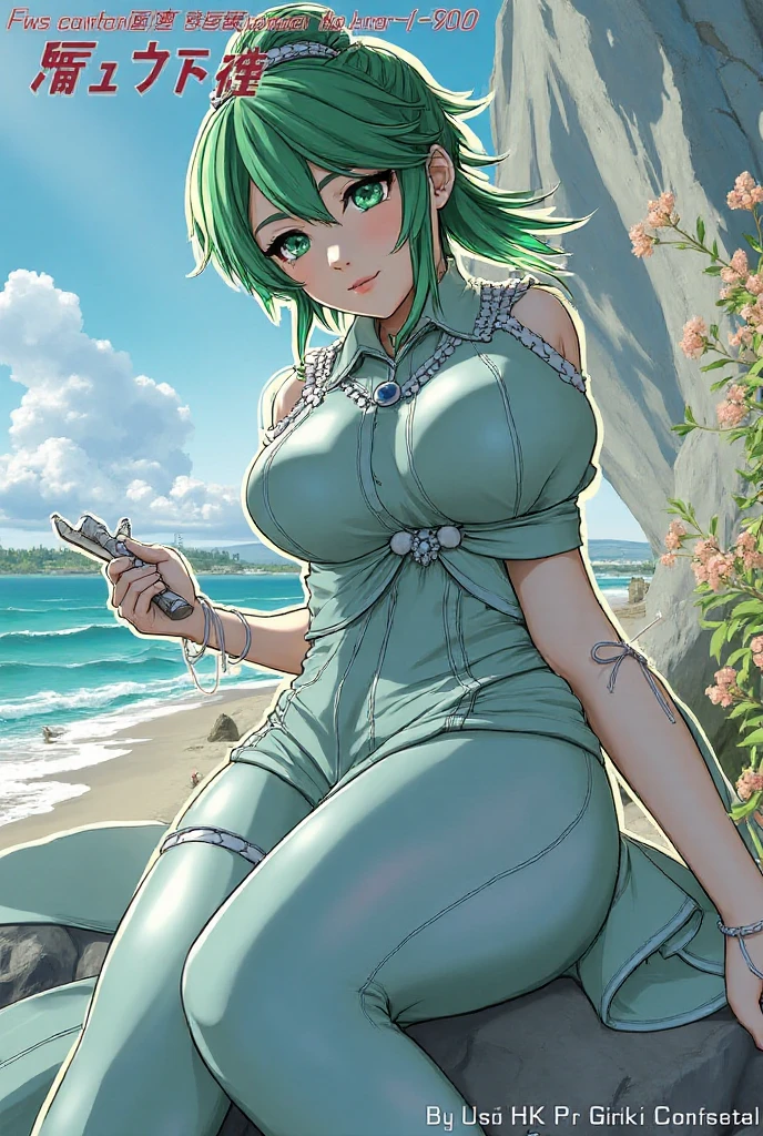 Bulma, solo, curvaceous figure, long golden hair, zippered jumpsuit, poised hand on chin, intricately detailed outfit, professional artwork, field of view focused on her, sharp focus on her features, ultra-detailed painting, photorealistic lighting, trending on Pixiv (masterpiece:1.0), best quality:1.0, ultra high res, high-definition, anime style: 1.5, Bulma pondering thoughtfully, large, expressive green eyes, detailed facial features, slender arms, elaborate hairdo with band and girly bangs, cleavage subtly visible, confident and determined expression. (Big green eyes