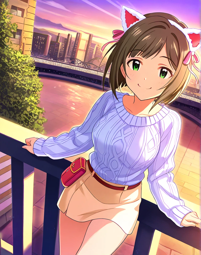 1girl, solo, sheer floral blouse, pleated shorts, pastel ballet flats, playful_pout, eyes_wide, teasing_smile, hands_on_hips, (smile), hilltop, overlooking city, cherry blossoms, evening glow