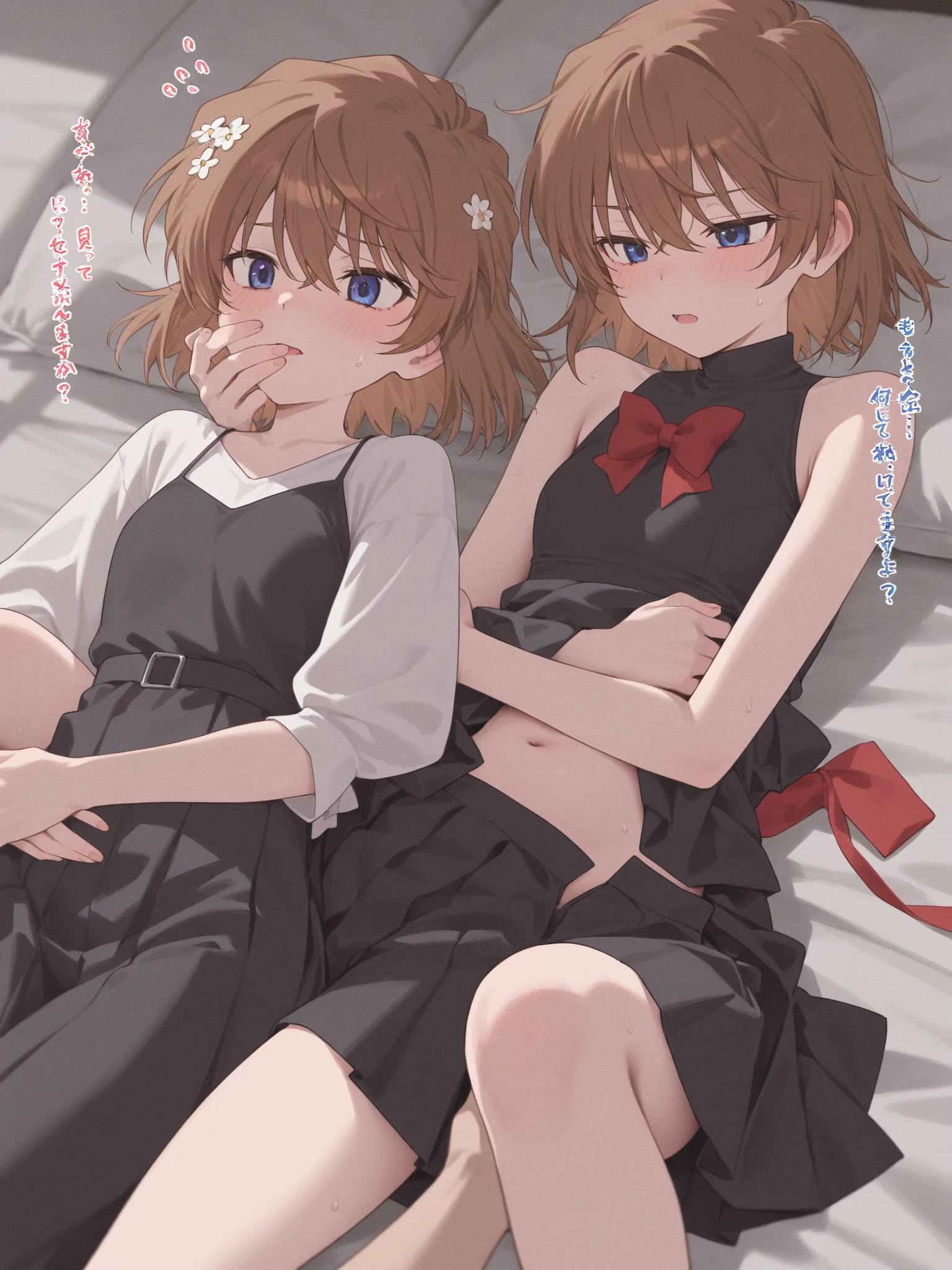 How to sit a girl,Depth of written boundary, delicate eyes, full hand, no extra limbs,distinct nose line,fine skin、Smooth、perfect beauty、((small breasts))、thin,((Natural style)),brown hair、really beautiful、beautiful profile,perfect style,Ahegao,((boyish clothes)),shortcut,Western-style room,on the bed,lighting dark,1put your wrist on top of someone,my face turned red,Don'Do not fold your hands,Legs do not cross,((Kiss between girls)),((something similar to rape)),,((Crotch fingers)) ,dim room,night,Around ,one person is naked,thin,Foliage plant,big window,sheets at their feet,lie down on the bed