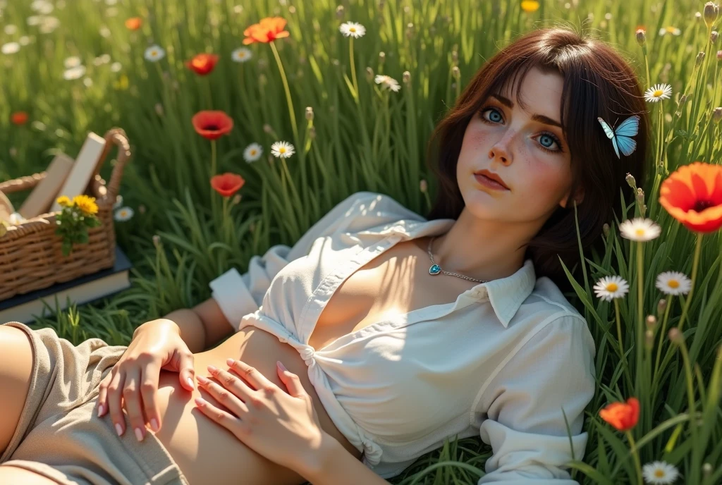 A woman lies in the grass, upper body, sundress, summer, sunlight, 1girl, brown hair, green eyes,  short_hair,  looking at viewers, nature, outdoors, realistic, photorealistic, (ultra-detailed:1.2), detailed_light, HDR, extremely_detailed, Sharp_focus, flower, small breasts,
