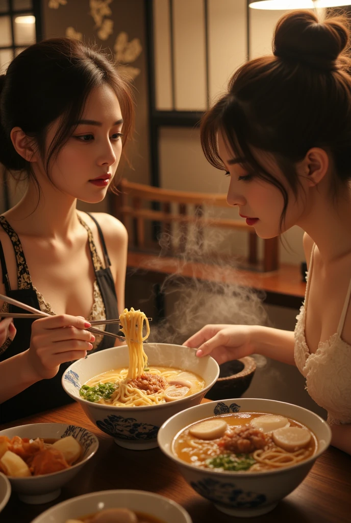 ramen屋 counter ramen bowl steam ramenを食べる女 Completely naked short hair boyish small breasts
