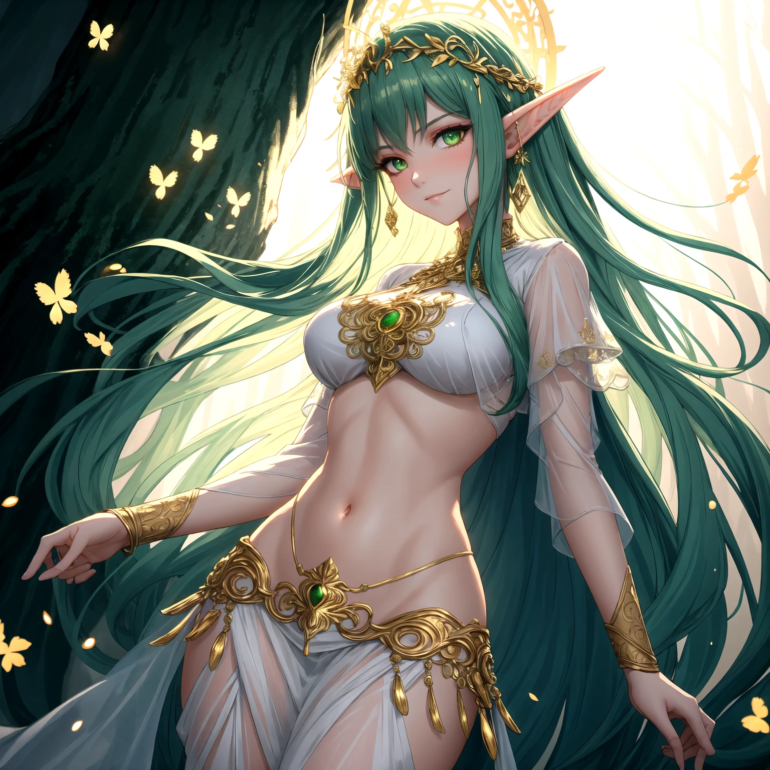 A gracefully ethereal nymph with luminous golden hair and shimmering emerald eyes, her delicate figure adorned with intricate floral tattoos, evoking a sense of ancient beauty. In this stunning painting, the nymph stands amidst a sun-drenched forest, surrounded by vibrant blossoms and vibrant butterflies. The image captures the perfect balance between realism and fantastical whimsy, showcasing the exquisite detailing and flawless brushstrokes that bring the nymph to life. The overall composition exudes a sense of enchantment, immersing viewers in the mystical realm of mythology and captivating their imagination.