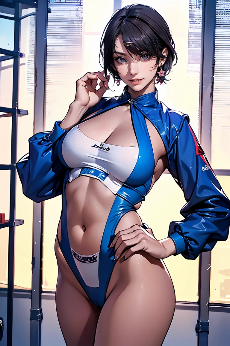 Beauty, Navy Blue Hair,short hair(Inward Curling Bob) ,blue eyes,Costume(Lifeguard), Large Breasts、Blue Earrings、background(Boolean) 、Sexy pose、smile、Open your mouth wide