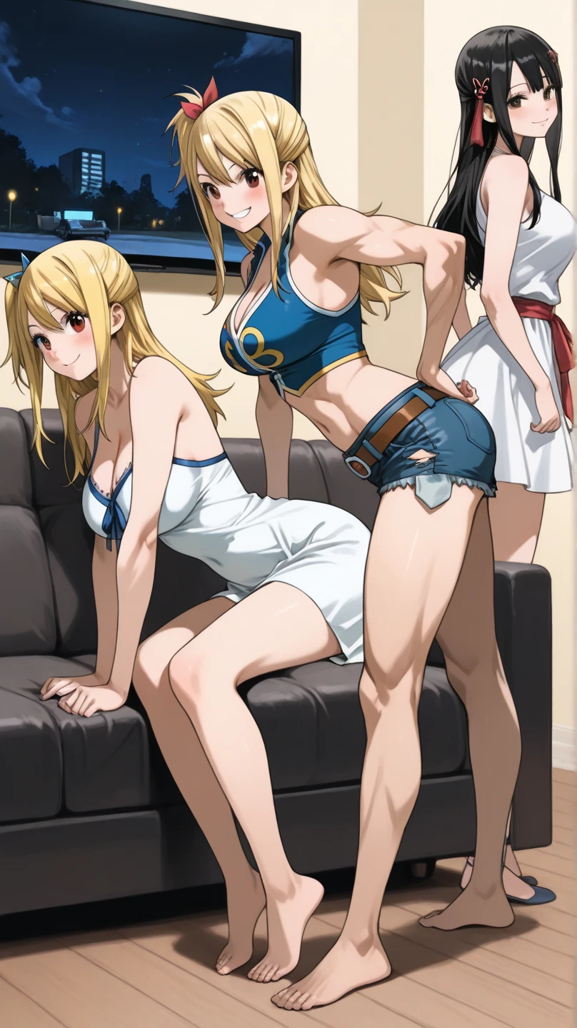 One mature woman, lovestruck face, beautiful anime face, blonde, long hair, tall, ultra high quality, masterpiece, police hat, see-through tank top, belly button exposed, torn denim shorts, crotch emphasis, sexy pose, nice body, bedroom, beautiful anime style