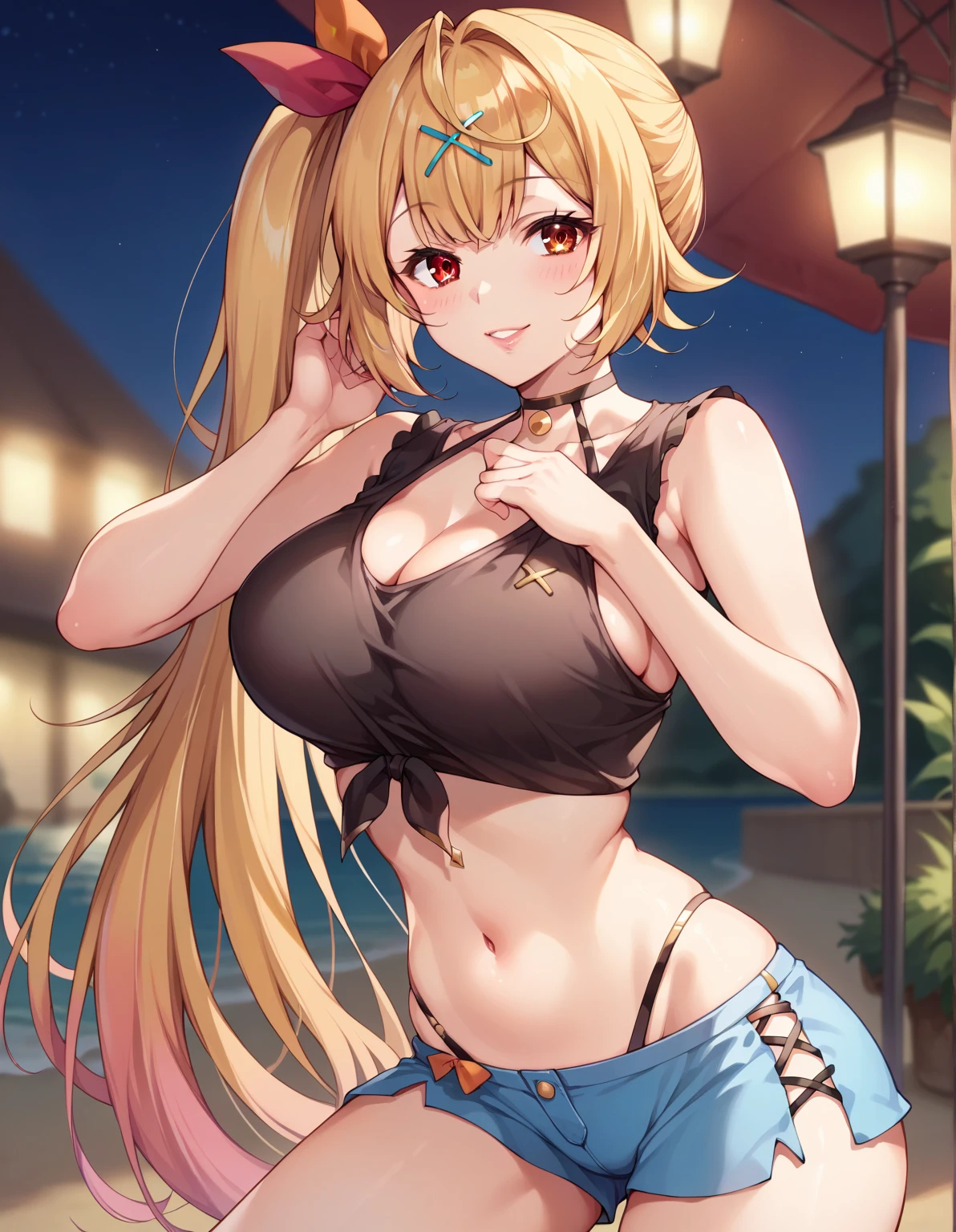 ((tmasterpiece)), (best qualtiy:1.7), (A detailed:1.4), (A high resolution:1.4), 8k, (a color:1.5), 2D, A high resolution, Sharp images, 4K, k hd, yoimiya(genshinimpact),1girl, solo, Next round, nail polish, Tattooed with, red necklace, arm support, hair between eye, choker necklace, vision(genshin impact), blond hairbl, clavicle, Blushlush, super giant breast, Hand up, upper legs, flower tattoo, Arashi, chest sarashi,orange eyes, Orange nails, solo, arm tattoos, Keep one's mouth shut, pony tails, jewely, ssmile, hair adornments, Hadanuji Daosa, 1girll, chest tattoo, full bodyesbian, spheres, suns, (((lake))), ((grassy)), blossoms, shoulder off, standing on your feet,swim wears