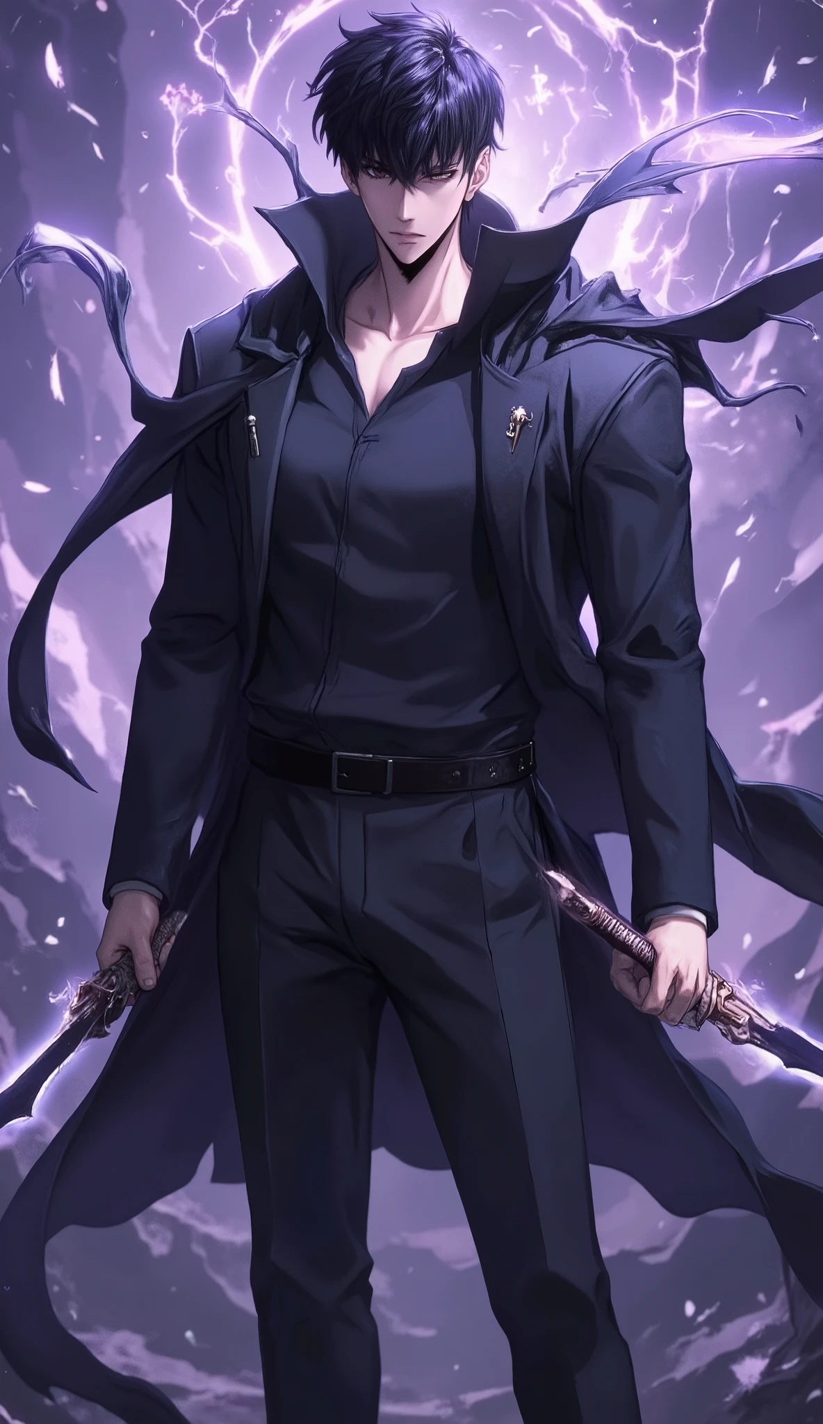 #Sung Jin-Woo, High Level, short black hair, all black clothes, purple aura surrounding the character, both hand holding daggers, epic pose, epic background
