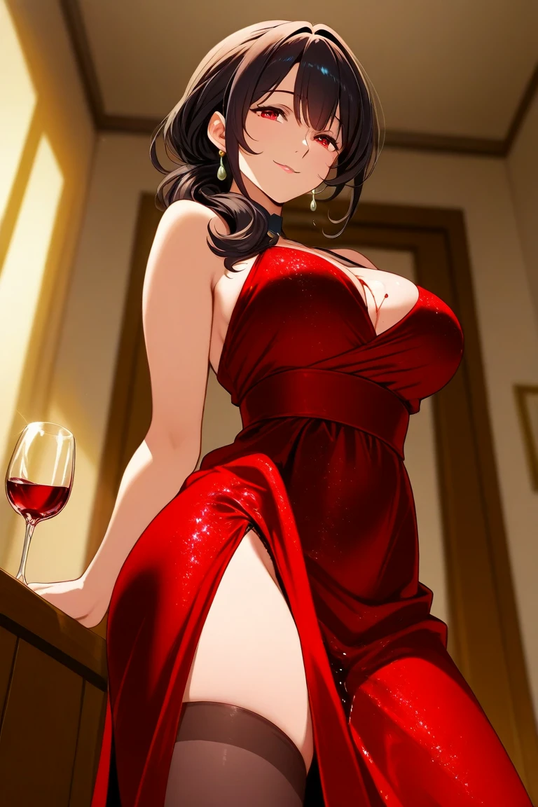 a beautiful long brown haired milf with seductive brown eyes, voluptuous body with very large breasts and huge butt, wearing a tight revealing long red dress, sitting in front of you on a date, photorealistic, highly detailed, 8k, hyperrealistic, dramatic lighting, cinematic, elegant, sensual, erotic