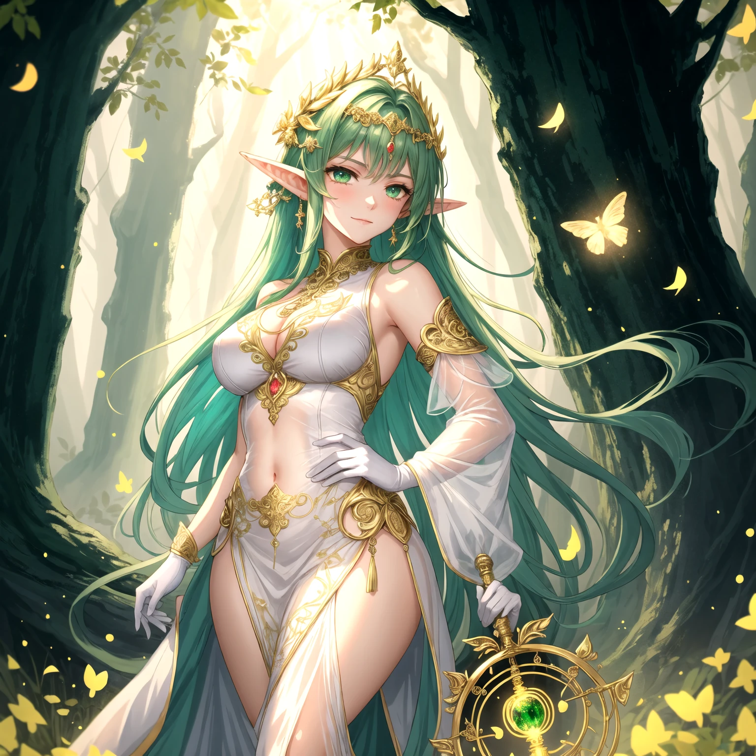 "A beautiful elven woman sitting gracefully on a large tree branch, surrounded by lush green foliage. She has long, flowing hair and pointed ears, characteristic of her elven nature. She is holding a bow in one hand, with an arrow ready to be drawn. Her clothing is elegant yet practical, made of natural materials that blend with the forest, adorned with subtle jewelry. The scene is set in a dense, magical forest, with soft light filtering through the leaves, creating a serene and mystical atmosphere."