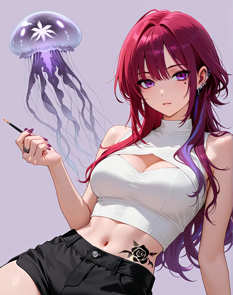 Purple haired anime girl, cyan eyes, large breasts, in white swimsuit