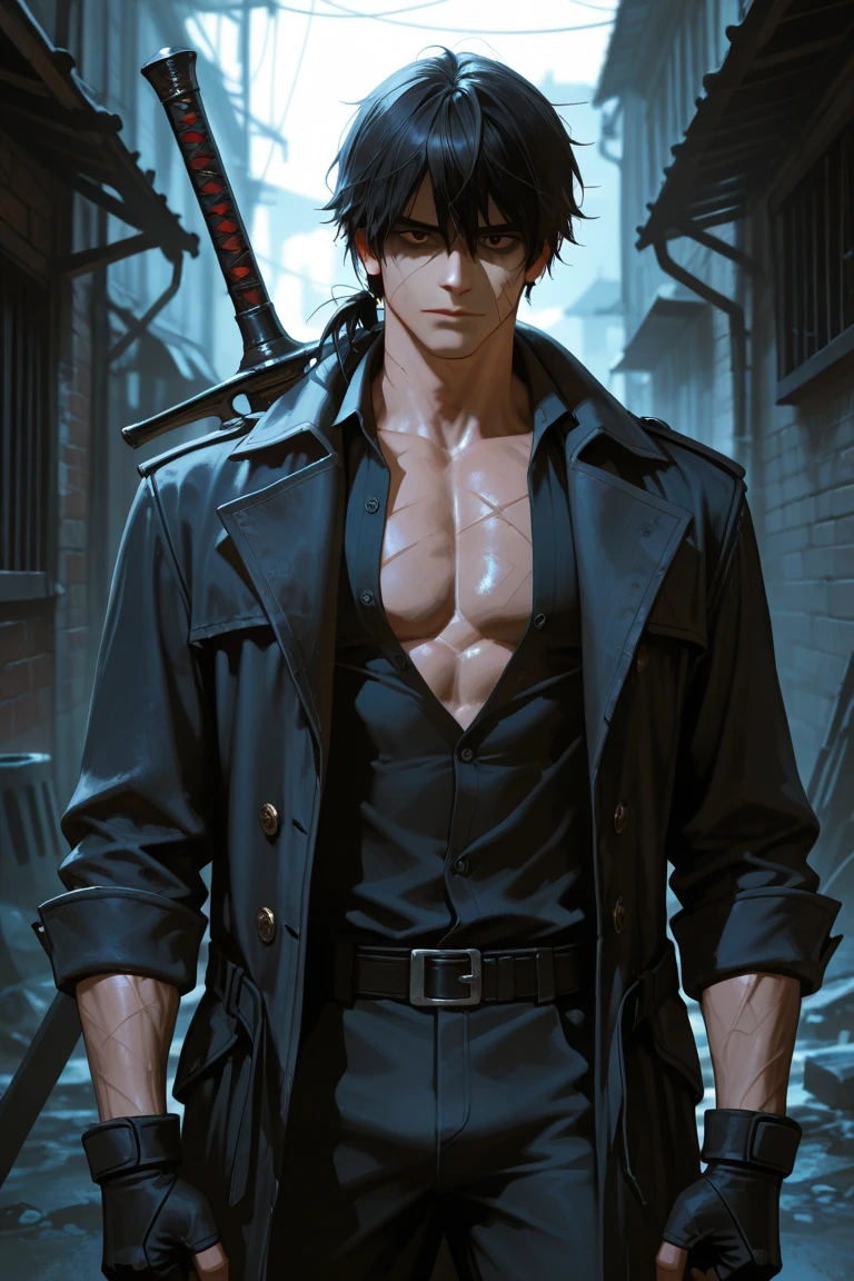 Cool Anime Assassin, hemdloser Kerl mit schwarzer Hose, Ein Katana-Schwert halten