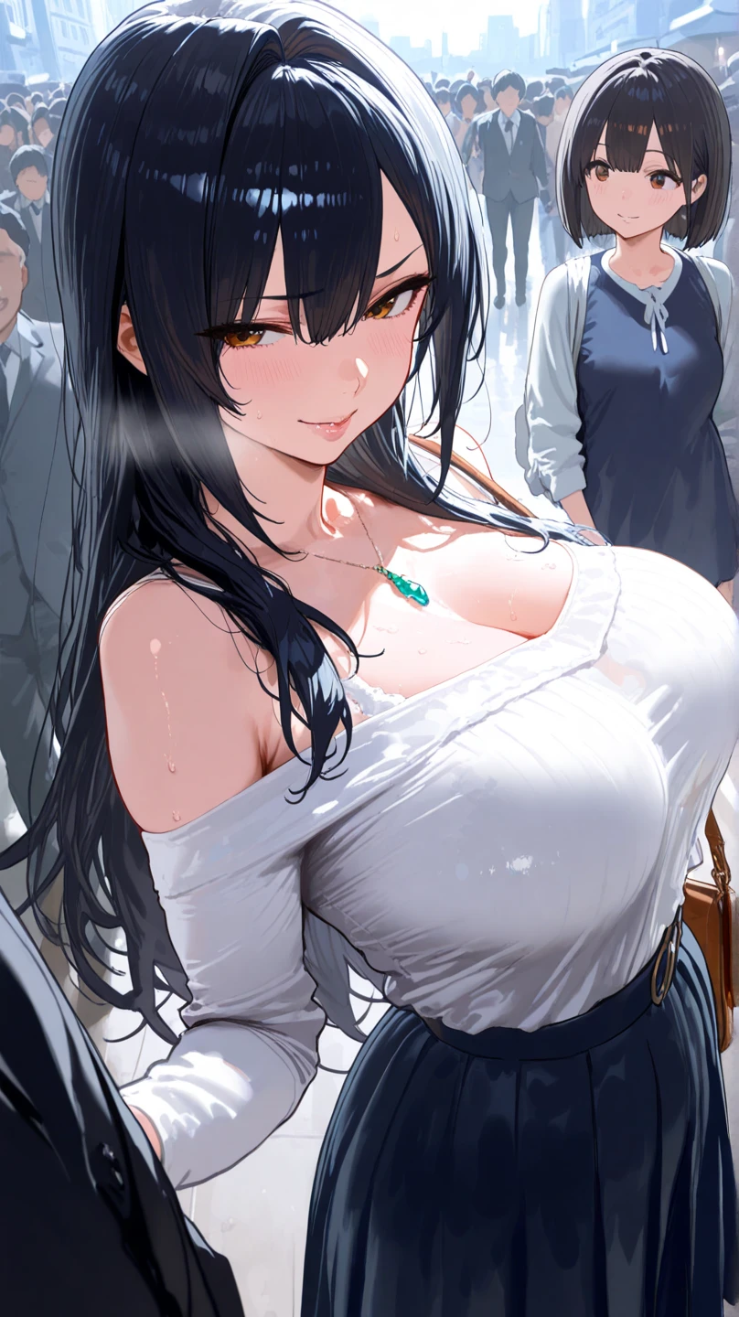 masterpiece, High resolution, perfect face, Korean beauty, 30 years old, beautiful face, in the crowded train, tight T-shirt, skinny pants, embarrassed look, look at the camera, (top quality eyes), detailed texture, Look at me, Married woman, cool women, ((high resolution eyes)), little curvy, sitting, hentai, large breast, Molester