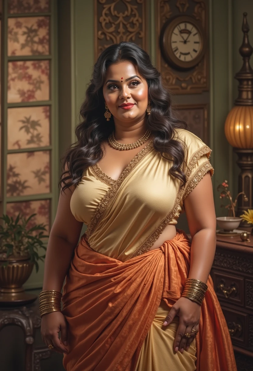photorealistic,fullbody shot,cinematic shot, studio lighting, shot Phase One, ISO 100, natural lighting , sharpen , lightroom, fine art photography, hyperdetailed, highly detailed, 8 k, sharp details on face, photography, woman, (55+ age) woman in black Bengali saree, looking at viewer, jewerly and hair on hair, red lipstick, golden necklace, earrings, ornate, detail, flowers, blurry background, soft focus (curvy body) (chubby MATURE), Kakatiya Rani Rudrama devi Look, The haughty lady, Inside the palace, the entire gathering is present, high level camera anchor sitting proudly on his throne