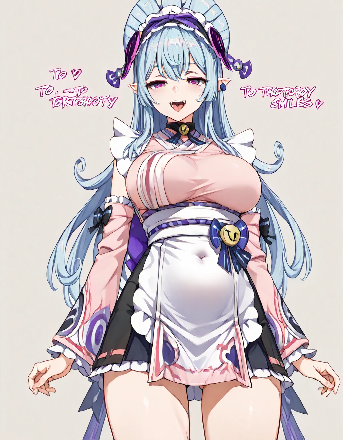 hairy, pink fur, super cute face, Luminous T-shirt, beautiful light and shadow, ambient light, Super fine fur, Volumetric light, fox, middlebreast, priestess, rope, detailed clothing, japanese clothes, smiley face, fangs, fox狸, blue mark, many tails, monster, blue aura, 大paw, large paw, Shy, angel wings, paw, 大paw, angry, Eye, pink, angel halo, young, short,Big breasts,Pregnant,pregnant belly,Succubus tattoo_On the stomach,long skirt