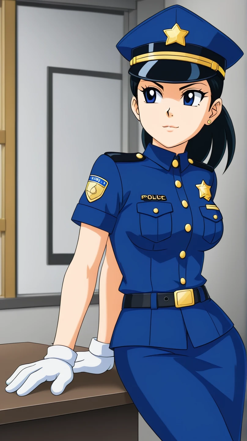 , (Spread your legs)、 (White panties), Female police officer, Blue Uniform、Mini Skirt Police、White shirt, sunny, Mature Woman, Anime Cel Style, Highest quality, High resolution, One Girl, (Large Breasts:1.2), Beautiful Face, Beautiful fingers, Beautiful long legs, Beautiful body, Beautiful Nose, Beautiful character design, Black Hair, bangs, black eye,short hair、 Show Viewer, Cowboy Shot, blush、Embarrassed look、A look of dislike to be seen、Nipples are visible、 、bright、Colorful