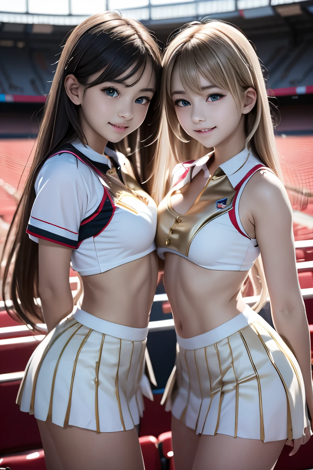 2 BEAUTIFUL GRILS, beautiful face, blonde long straight hair breasts from behind, both dressed as cheerleaders