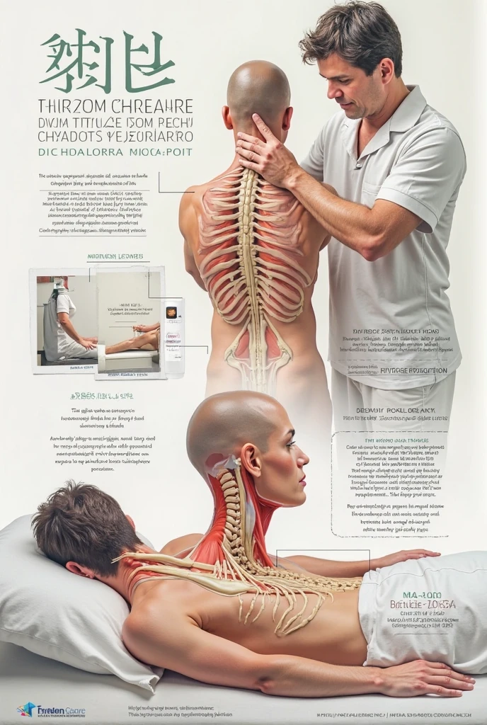 Chiropractor masseuse performing spinal structural correction maneuvers in a lighted office with tender lu,