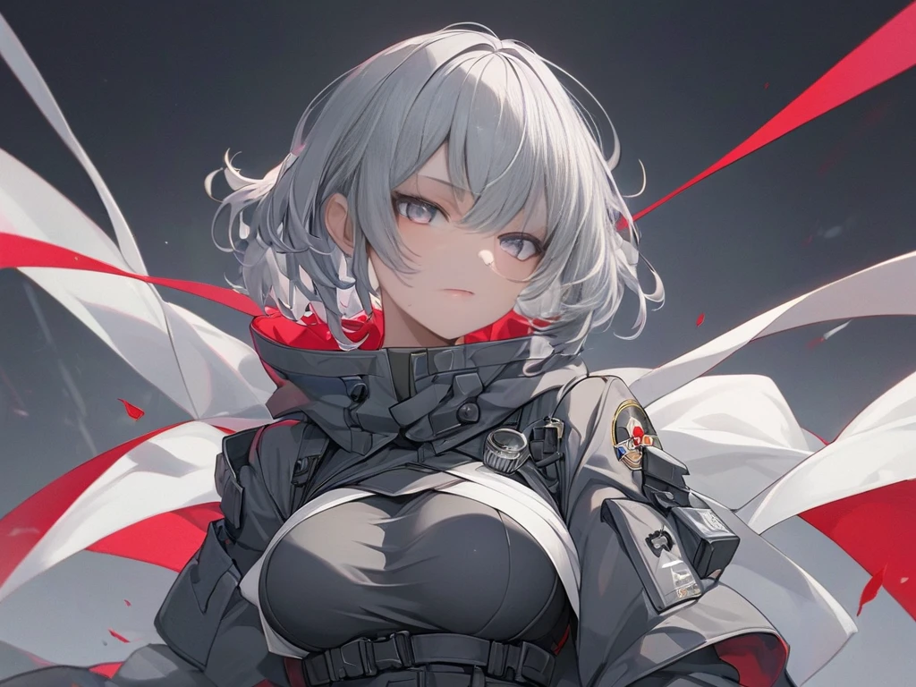 1girl, white short hair, red eyes, wearing black tactical gear, urban ruins, absurdres, high res, ultrasharp, 8K, masterpiece, blood on face, grime on face, tank in the background