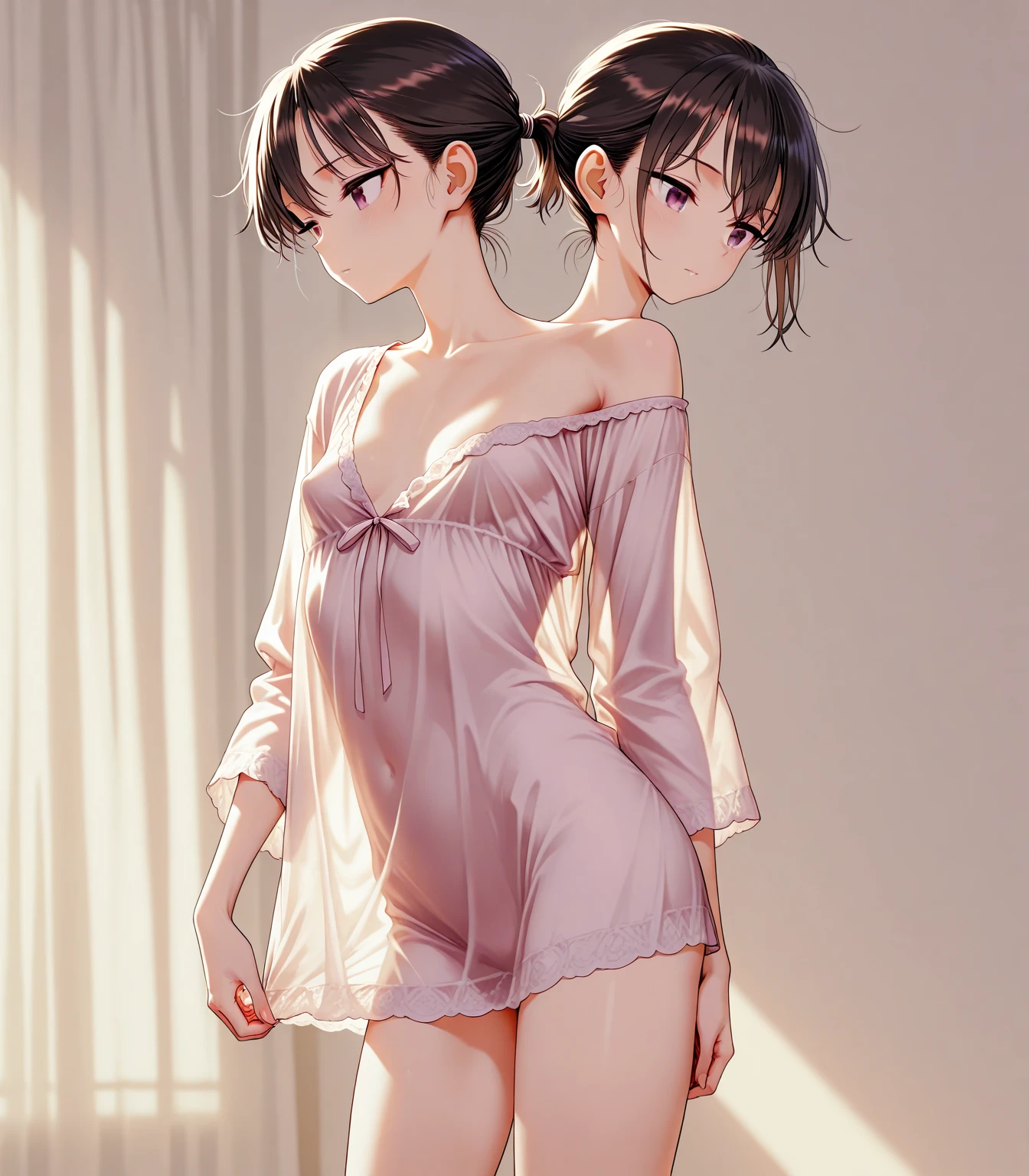 Hands Behind Back,Tied with hands behind back,from front,front view,looking at viewer, looking ahead,from above,cowboy shot,2girl,twins,Beautiful girl at ,Japanese,Slender,,low length,Small breasts,Thin legs,Small Ass,Baby Face,Small face,Black Hair,Gray Eyes,Drooping eyes,Round eyes,middle School girls,Sheer black and pink negligee,lingerie,Collar with leash,open mouth,tongue out,front face,Kneeling,Straight Stand,Beautiful and detailed anime art,I'm in love,Desire expression,crave,Sexy vibe,cum on tongue,Dimly lit room,On the bed,Simple Background,Gray background,Low lighting,