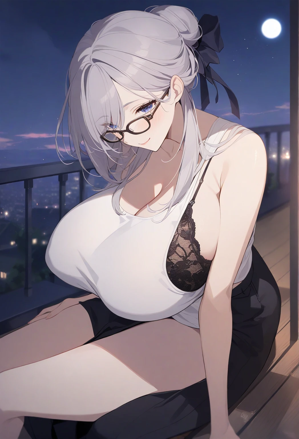 master-piece, bestquality, 1girls,16 years old, View viewers from front, HD, slight smile, big tits, cleavage, tights cloth, , tiny body, lied, outdoor, mountain, wear glasses, under tits cleavage, look down,