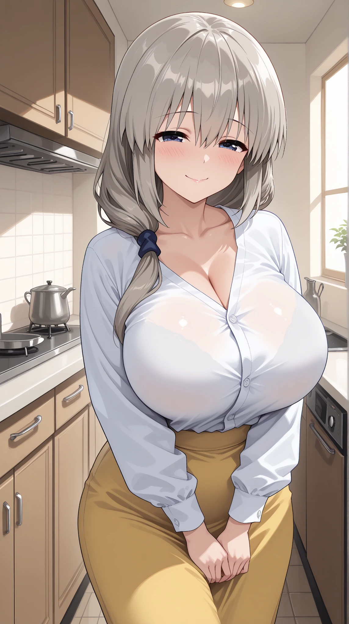 1 girl, sex body, standing, detail, ((masterpiece)), beauty, erotica, breasts, lips, makeup, beautiful face, hands on waist, ((black shirt)), unbuttoned shirt, red eyes, white hair, horse tail, smile, interested, looks at the viewer, background kitchen, night, window, table, stands in front of the viewer, bottom view, pantyhose, skirt, heels, angry