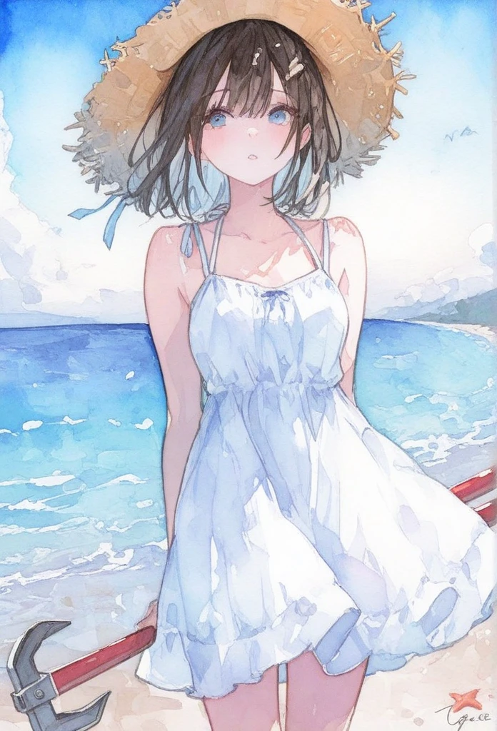 1girl,  hat, dress, outdoors, bird, solo, seagull, hat flower, ocean, short hair, holding, white dress, water, day, flower, watercraft, sun hat, sky, cloud, beach, black hair, waves, white headwear, gloves,  <lora:PsychoMode:0.7>