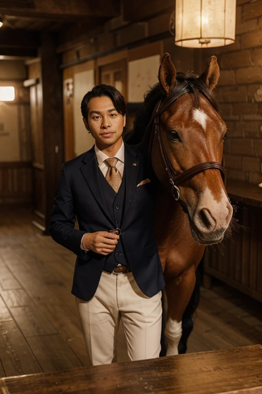Asian man in a white suit , sitting on a black horse with blue eyes , at the races