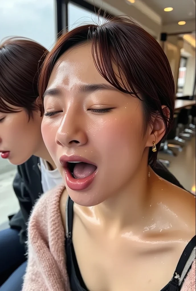 NSFW,((Best Quality, 8K, masutepiece:1.3))), Face Focus, Selfie :1.2, (layers-Cut, Big breasts:1.2),Beautiful woman with perfect figure: 1.4, Slender Abs:1.2, Highly detailed face and skin texture, Detailed eyes, Double eyelids, Black Long Hair, Bukkake, cum on facial, Giant bukkake