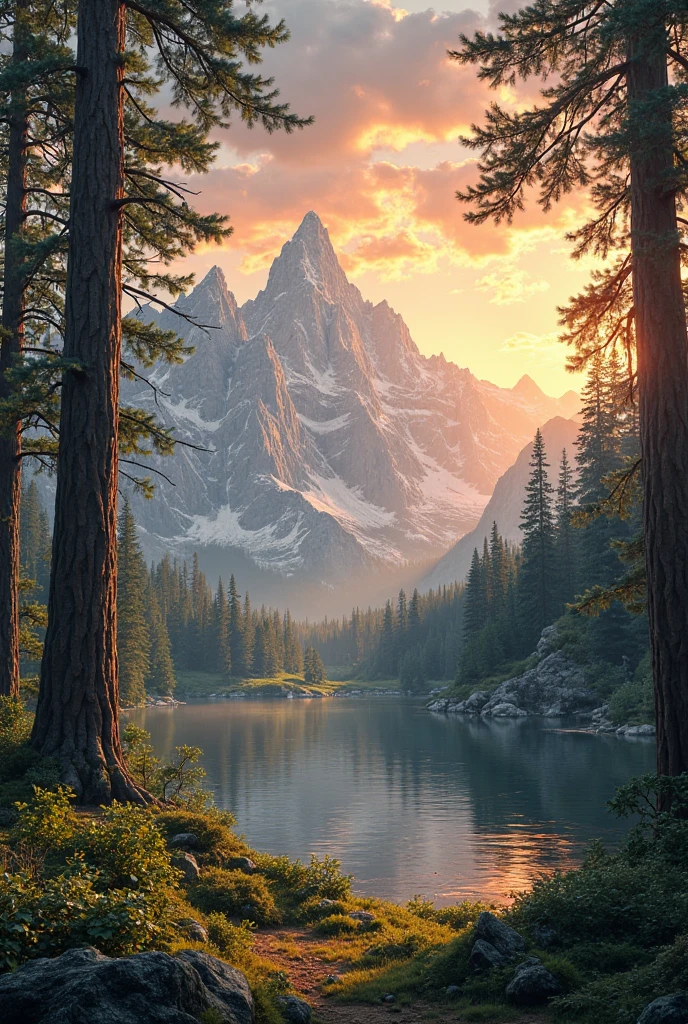 A beautiful forest landscape, realistic as possible, sunset, Mountains ...
